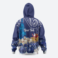 New Zealand Christmas In July Personalised Zip Hoodie Funny Santa Sheep Meri Kirihimete Blue