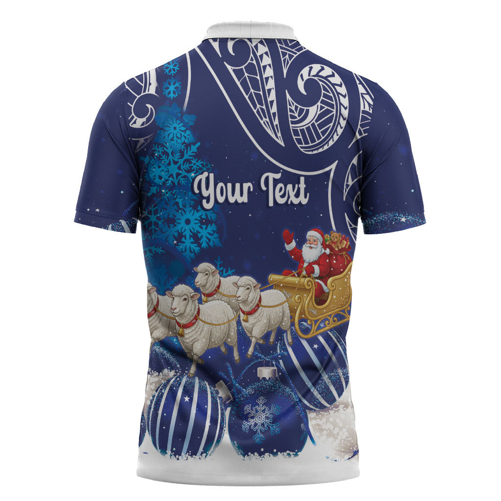 New Zealand Christmas In July Personalised Zipper Polo Shirt Funny Santa Sheep Meri Kirihimete Blue