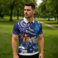 New Zealand Christmas In July Personalised Zipper Polo Shirt Funny Santa Sheep Meri Kirihimete Blue