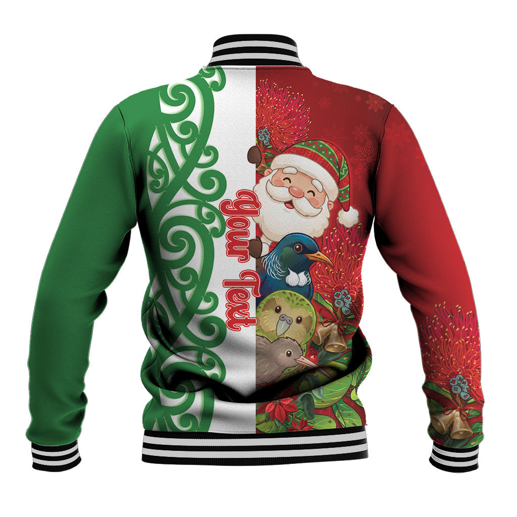 Meri Kirihimete New Zealand Personalised Baseball Jacket Cute Santa NZ Animals and Pohutukawa