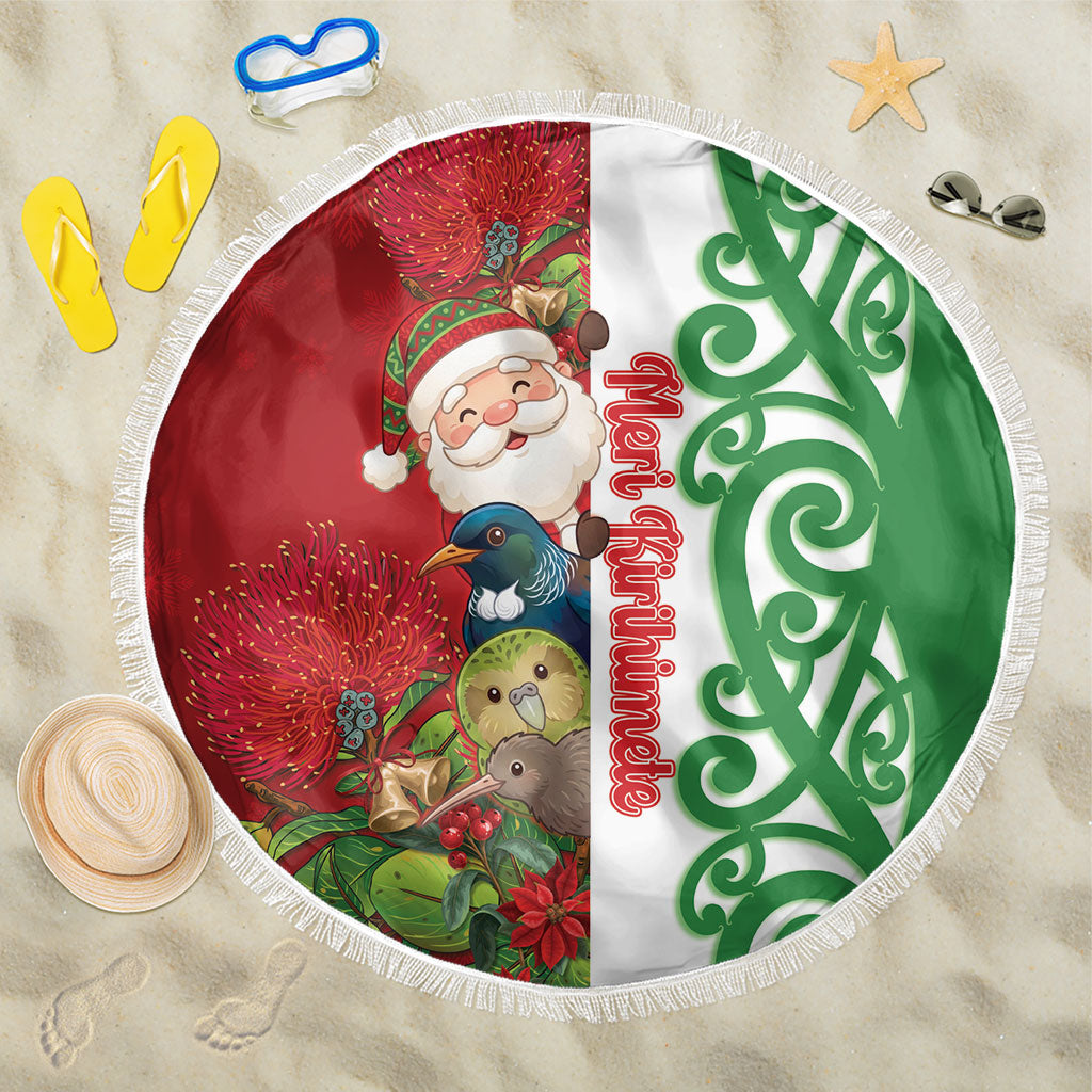 Meri Kirihimete New Zealand Beach Blanket Cute Santa NZ Animals and Pohutukawa