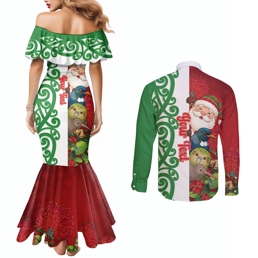 Meri Kirihimete New Zealand Personalised Couples Matching Mermaid Dress and Long Sleeve Button Shirt Cute Santa NZ Animals and Pohutukawa
