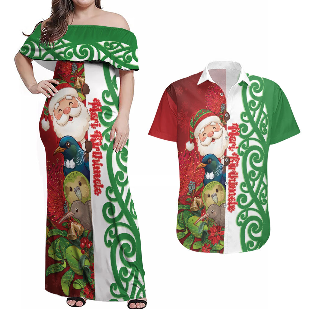 Meri Kirihimete New Zealand Personalised Couples Matching Off Shoulder Maxi Dress and Hawaiian Shirt Cute Santa NZ Animals and Pohutukawa