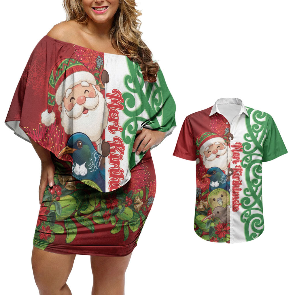 Meri Kirihimete New Zealand Personalised Couples Matching Off Shoulder Short Dress and Hawaiian Shirt Cute Santa NZ Animals and Pohutukawa LT14 Red - Polynesian Pride