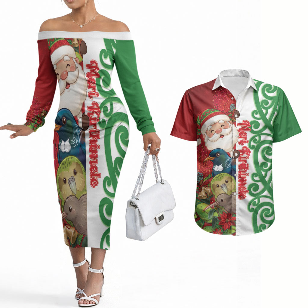Meri Kirihimete New Zealand Personalised Couples Matching Off The Shoulder Long Sleeve Dress and Hawaiian Shirt Cute Santa NZ Animals and Pohutukawa LT14 Red - Polynesian Pride