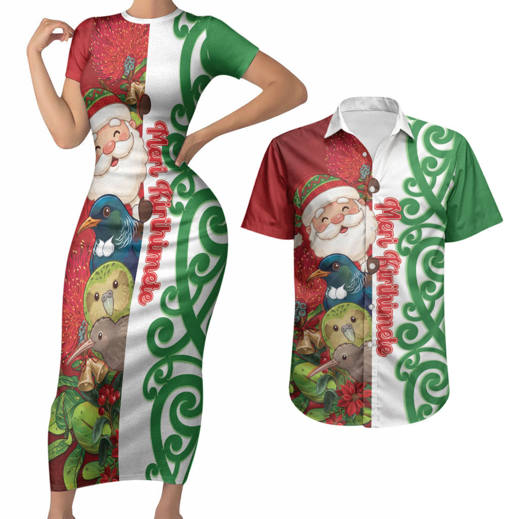 Meri Kirihimete New Zealand Personalised Couples Matching Short Sleeve Bodycon Dress and Hawaiian Shirt Cute Santa NZ Animals and Pohutukawa LT14 Red - Polynesian Pride