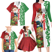 Meri Kirihimete New Zealand Personalised Family Matching Long Sleeve Bodycon Dress and Hawaiian Shirt Cute Santa NZ Animals and Pohutukawa