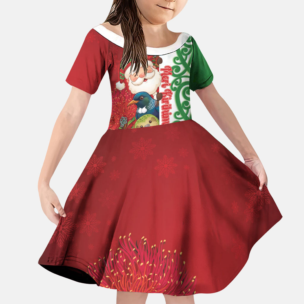Meri Kirihimete New Zealand Personalised Family Matching Off The Shoulder Long Sleeve Dress and Hawaiian Shirt Cute Santa NZ Animals and Pohutukawa