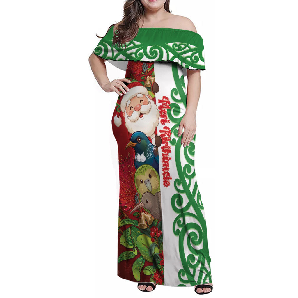 Meri Kirihimete New Zealand Personalised Family Matching Off Shoulder Maxi Dress and Hawaiian Shirt Cute Santa NZ Animals and Pohutukawa