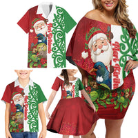 Meri Kirihimete New Zealand Personalised Family Matching Off Shoulder Short Dress and Hawaiian Shirt Cute Santa NZ Animals and Pohutukawa
