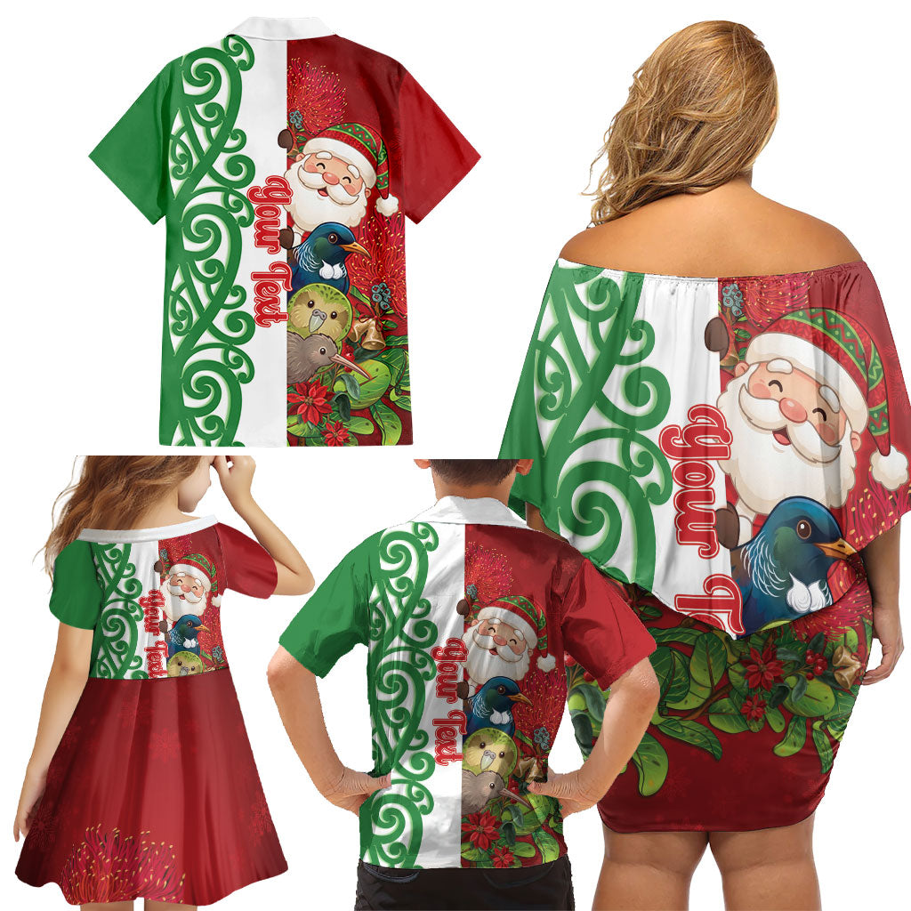 Meri Kirihimete New Zealand Personalised Family Matching Off Shoulder Short Dress and Hawaiian Shirt Cute Santa NZ Animals and Pohutukawa