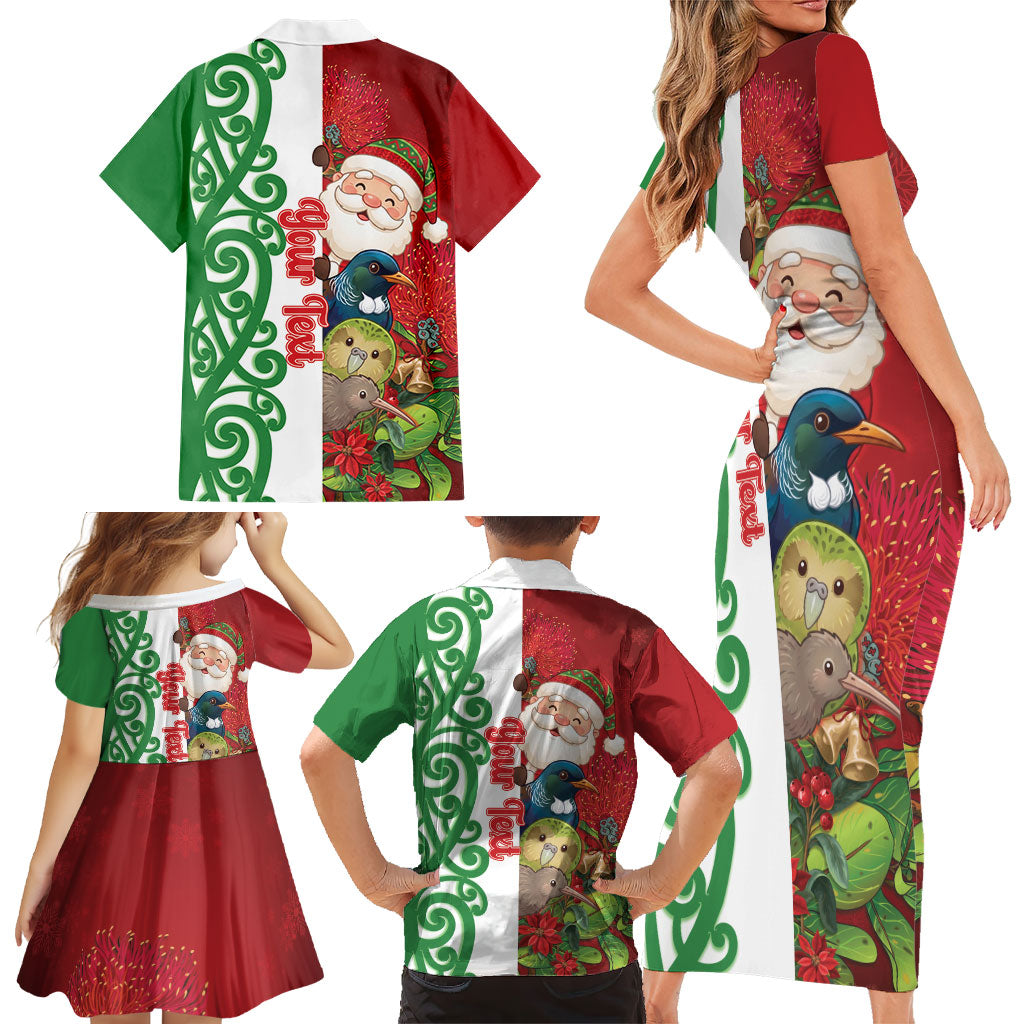 Meri Kirihimete New Zealand Personalised Family Matching Short Sleeve Bodycon Dress and Hawaiian Shirt Cute Santa NZ Animals and Pohutukawa