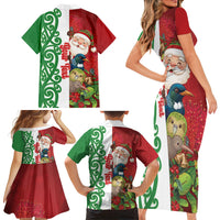 Meri Kirihimete New Zealand Personalised Family Matching Short Sleeve Bodycon Dress and Hawaiian Shirt Cute Santa NZ Animals and Pohutukawa