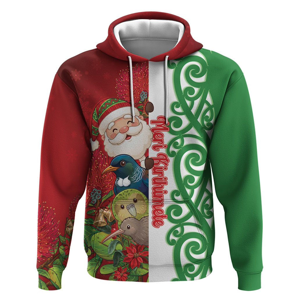 Meri Kirihimete New Zealand Personalised Hoodie Cute Santa NZ Animals and Pohutukawa LT14 Pullover Hoodie Red - Polynesian Pride