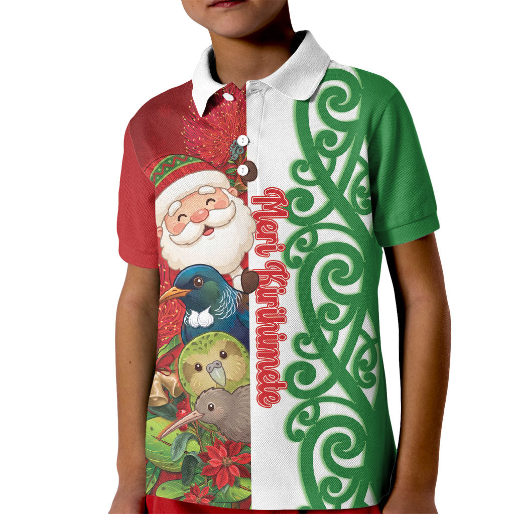 Meri Kirihimete New Zealand Personalised Kid Polo Shirt Cute Santa NZ Animals and Pohutukawa LT14 Kid Red - Polynesian Pride