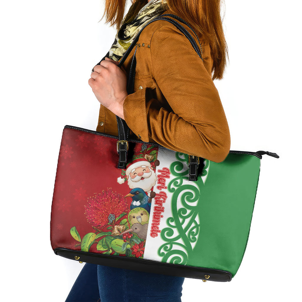 Meri Kirihimete New Zealand Leather Tote Bag Cute Santa NZ Animals and Pohutukawa