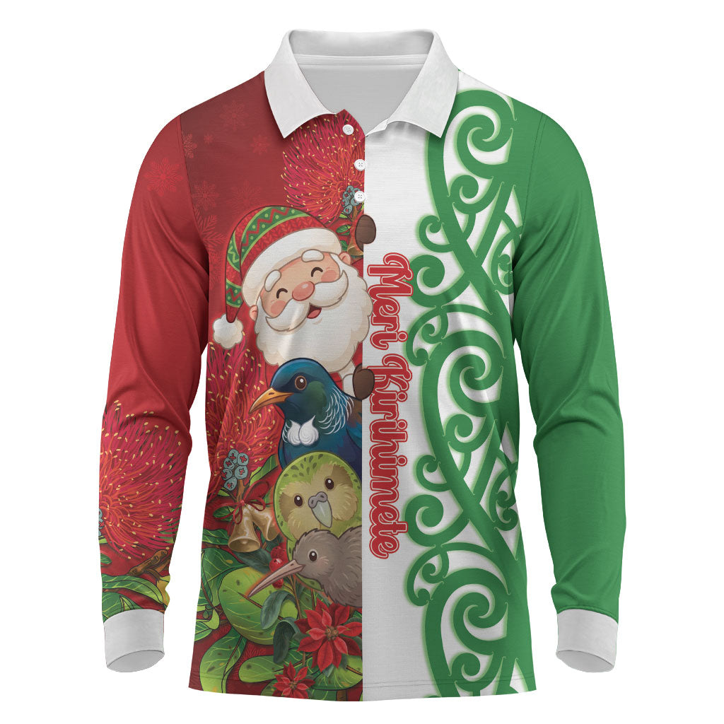 Meri Kirihimete New Zealand Personalised Long Sleeve Polo Shirt Cute Santa NZ Animals and Pohutukawa LT14 Red - Polynesian Pride