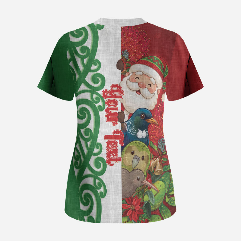 Meri Kirihimete New Zealand Personalised Scrub Top Cute Santa NZ Animals and Pohutukawa