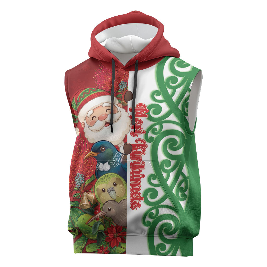 Meri Kirihimete New Zealand Personalised Sleeveless Hoodie Cute Santa NZ Animals and Pohutukawa
