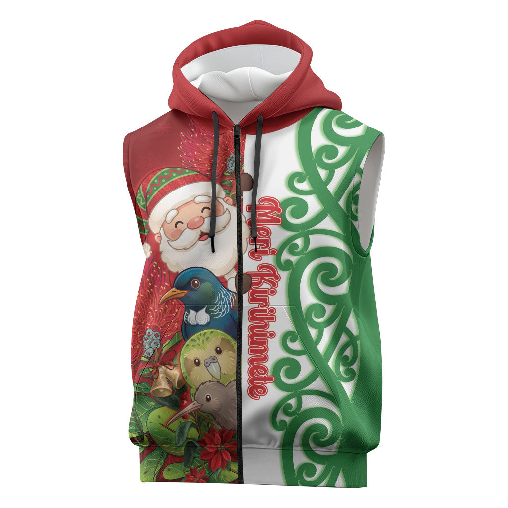 Meri Kirihimete New Zealand Personalised Sleeveless Zip Hoodie Cute Santa NZ Animals and Pohutukawa LT14 Red - Polynesian Pride