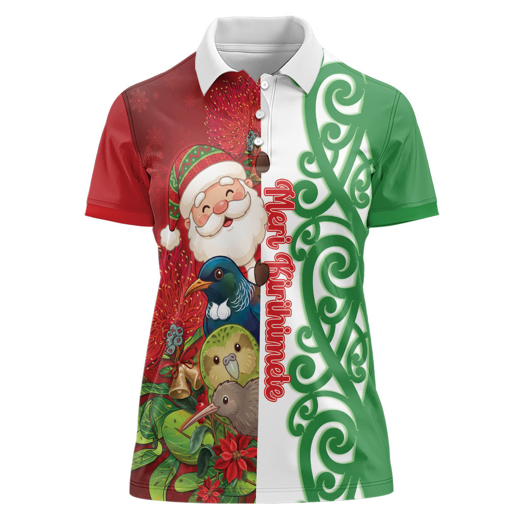 Meri Kirihimete New Zealand Personalised Women Polo Shirt Cute Santa NZ Animals and Pohutukawa LT14 Female Red - Polynesian Pride