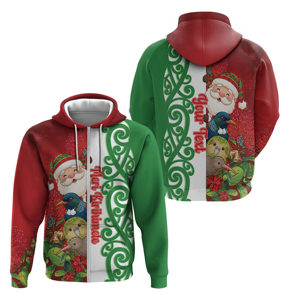 Meri Kirihimete New Zealand Personalised Zip Hoodie Cute Santa NZ Animals and Pohutukawa