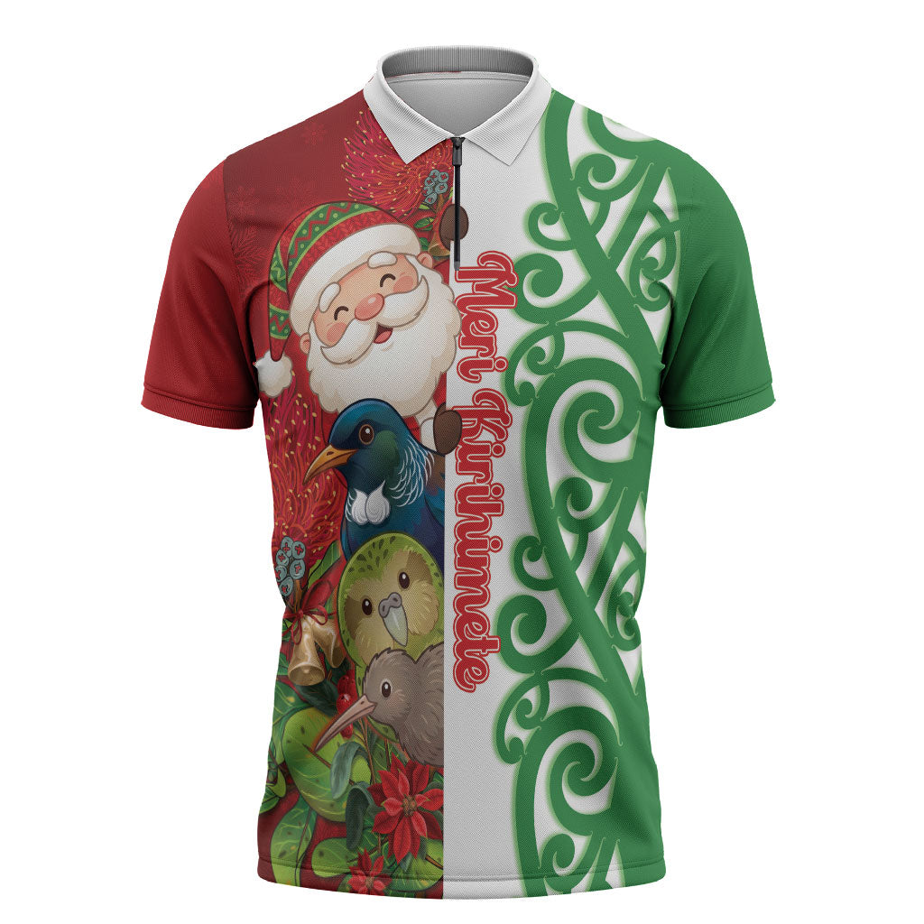 Meri Kirihimete New Zealand Personalised Zipper Polo Shirt Cute Santa NZ Animals and Pohutukawa