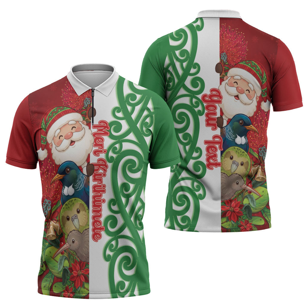 Meri Kirihimete New Zealand Personalised Zipper Polo Shirt Cute Santa NZ Animals and Pohutukawa