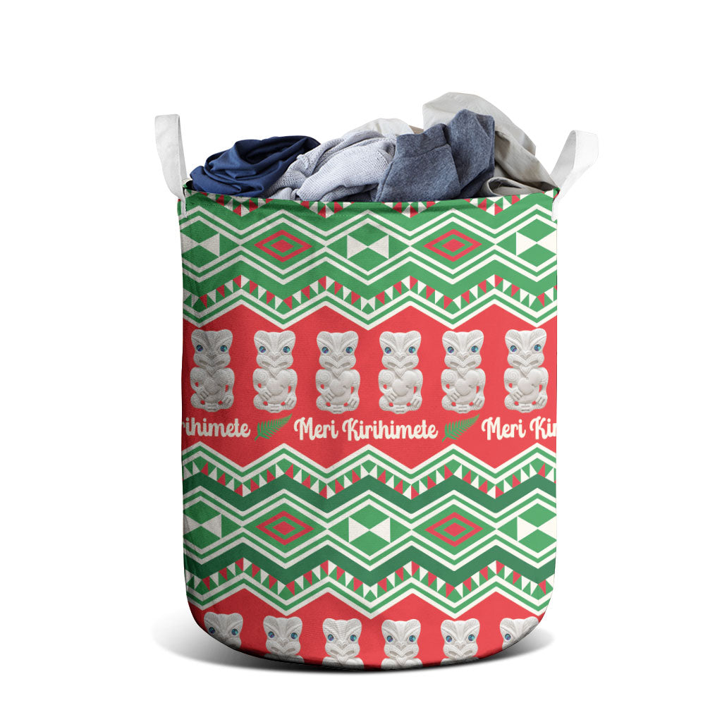 New Zealand Christmas In July Laundry Basket Meri Kirihimete Hei Tiki Taniko Motifs Seamless