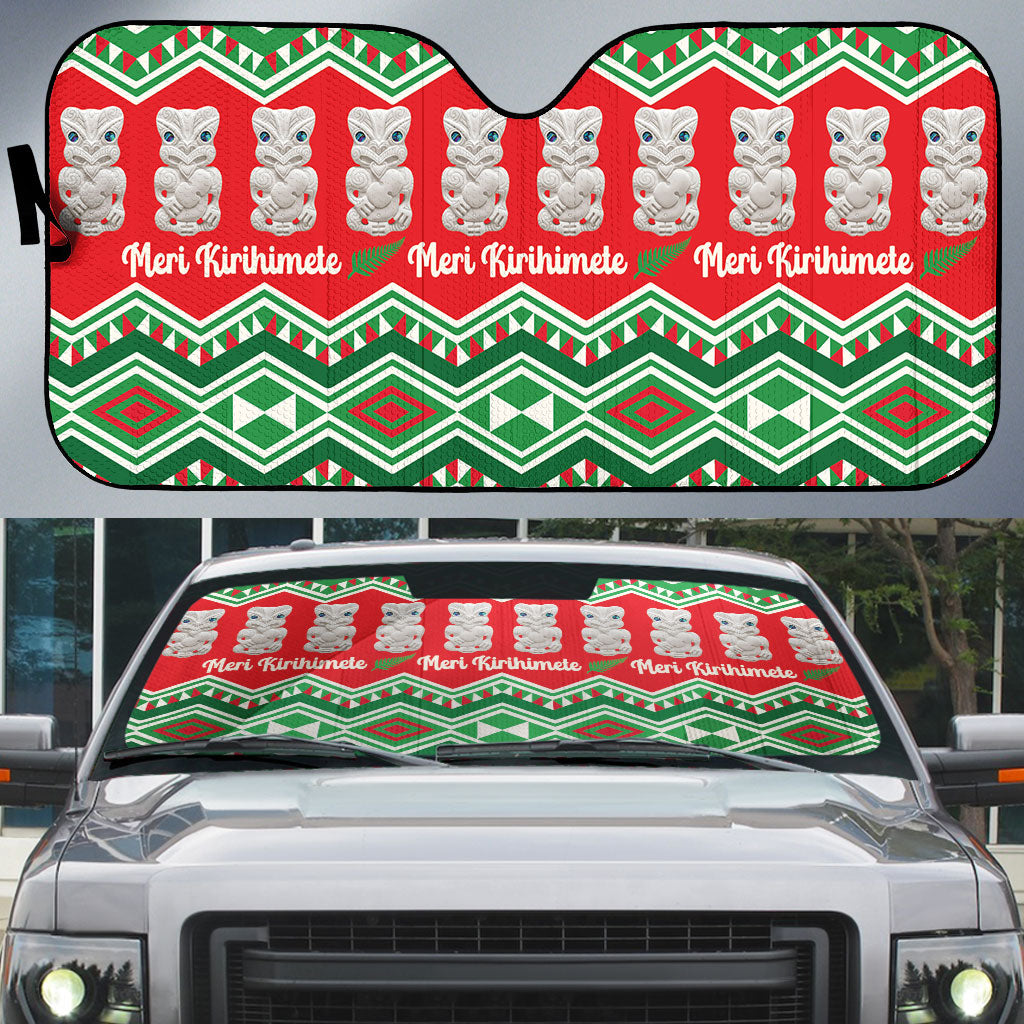 New Zealand Christmas In July Auto Sun Shade Meri Kirihimete Hei Tiki Taniko Motifs Seamless