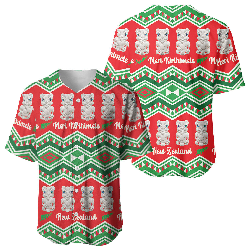 New Zealand Christmas In July Baseball Jersey Meri Kirihimete Hei Tiki Taniko Motifs Seamless