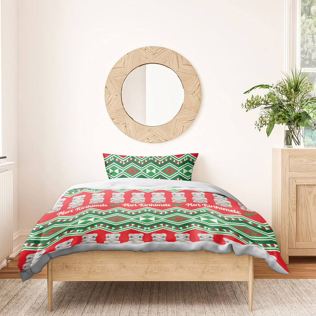New Zealand Christmas In July Bedding Set Meri Kirihimete Hei Tiki Taniko Motifs Seamless
