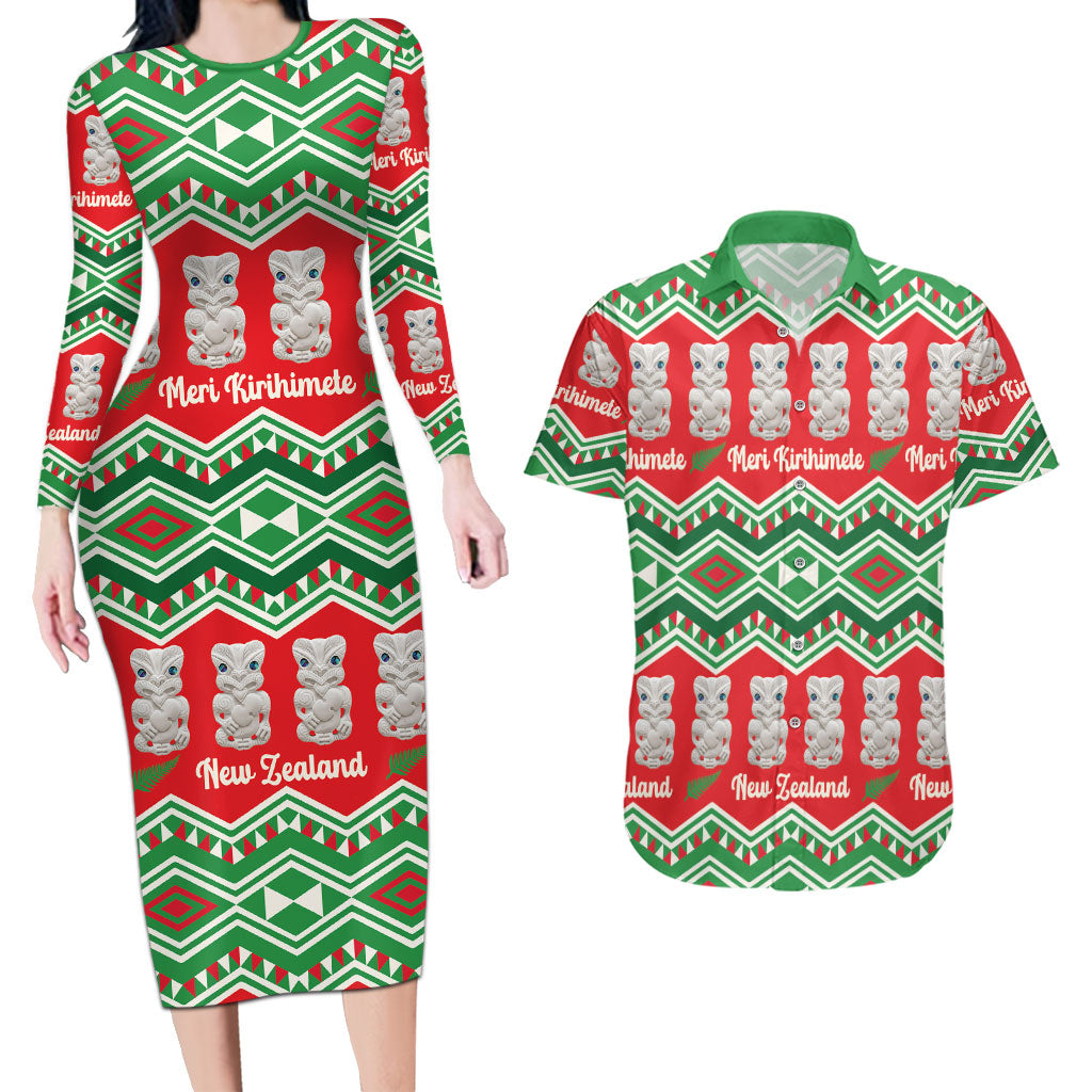 New Zealand Christmas In July Couples Matching Long Sleeve Bodycon Dress and Hawaiian Shirt Meri Kirihimete Hei Tiki Taniko Motifs Seamless