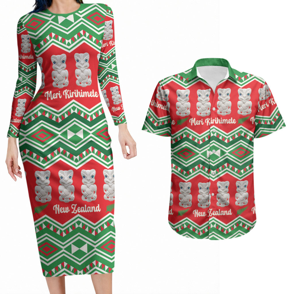 New Zealand Christmas In July Couples Matching Long Sleeve Bodycon Dress and Hawaiian Shirt Meri Kirihimete Hei Tiki Taniko Motifs Seamless LT14 Red - Polynesian Pride