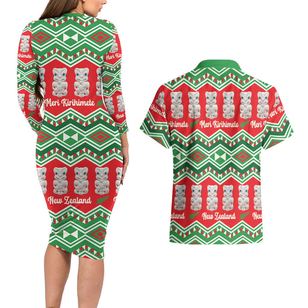 New Zealand Christmas In July Couples Matching Long Sleeve Bodycon Dress and Hawaiian Shirt Meri Kirihimete Hei Tiki Taniko Motifs Seamless
