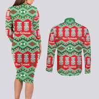 New Zealand Christmas In July Couples Matching Long Sleeve Bodycon Dress and Long Sleeve Button Shirt Meri Kirihimete Hei Tiki Taniko Motifs Seamless
