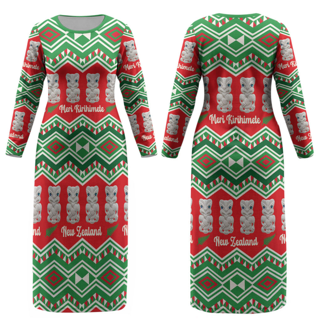 New Zealand Christmas In July Couples Matching Long Sleeve Bodycon Dress and Long Sleeve Button Shirt Meri Kirihimete Hei Tiki Taniko Motifs Seamless LT14 - Polynesian Pride