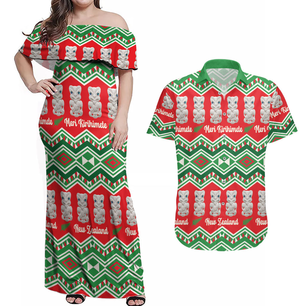New Zealand Christmas In July Couples Matching Off Shoulder Maxi Dress and Hawaiian Shirt Meri Kirihimete Hei Tiki Taniko Motifs Seamless