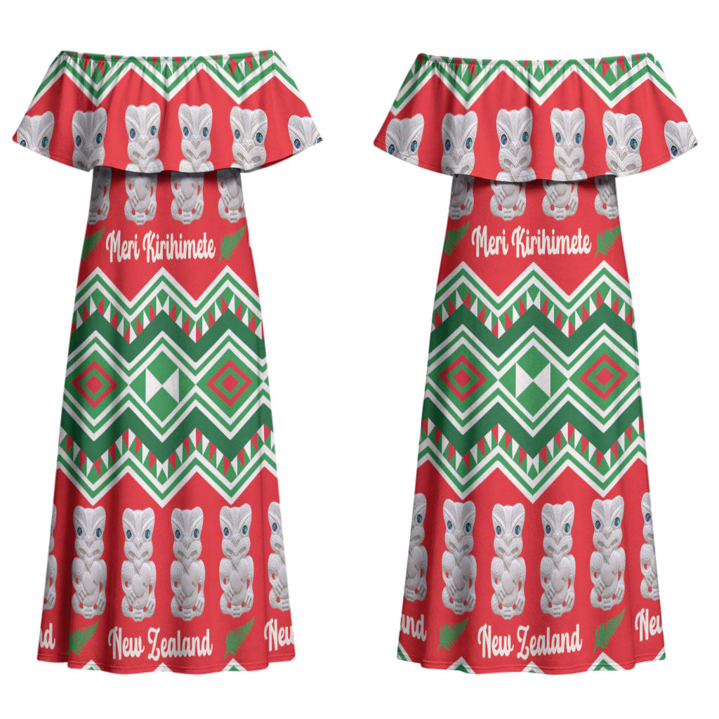 New Zealand Christmas In July Couples Matching Off Shoulder Maxi Dress and Hawaiian Shirt Meri Kirihimete Hei Tiki Taniko Motifs Seamless LT14 - Polynesian Pride