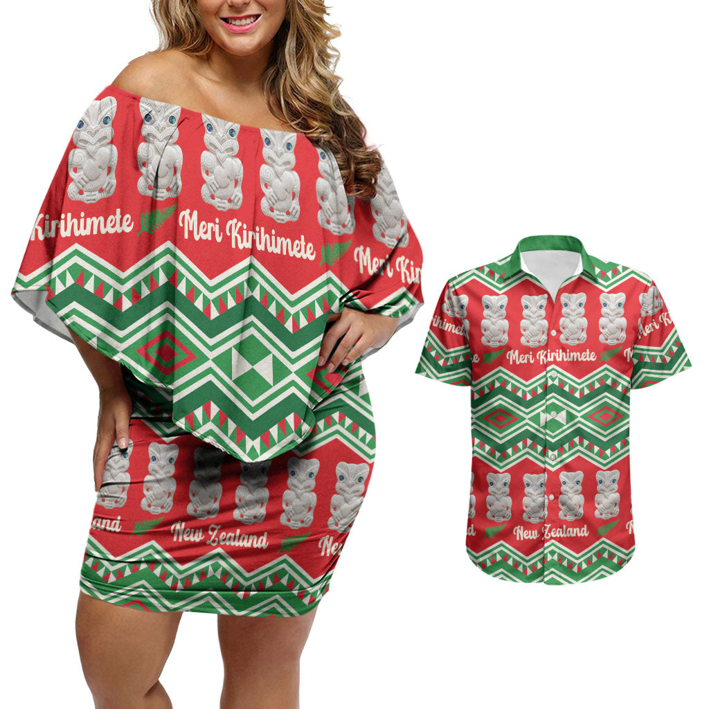 New Zealand Christmas In July Couples Matching Off Shoulder Short Dress and Hawaiian Shirt Meri Kirihimete Hei Tiki Taniko Motifs Seamless LT14 Red - Polynesian Pride