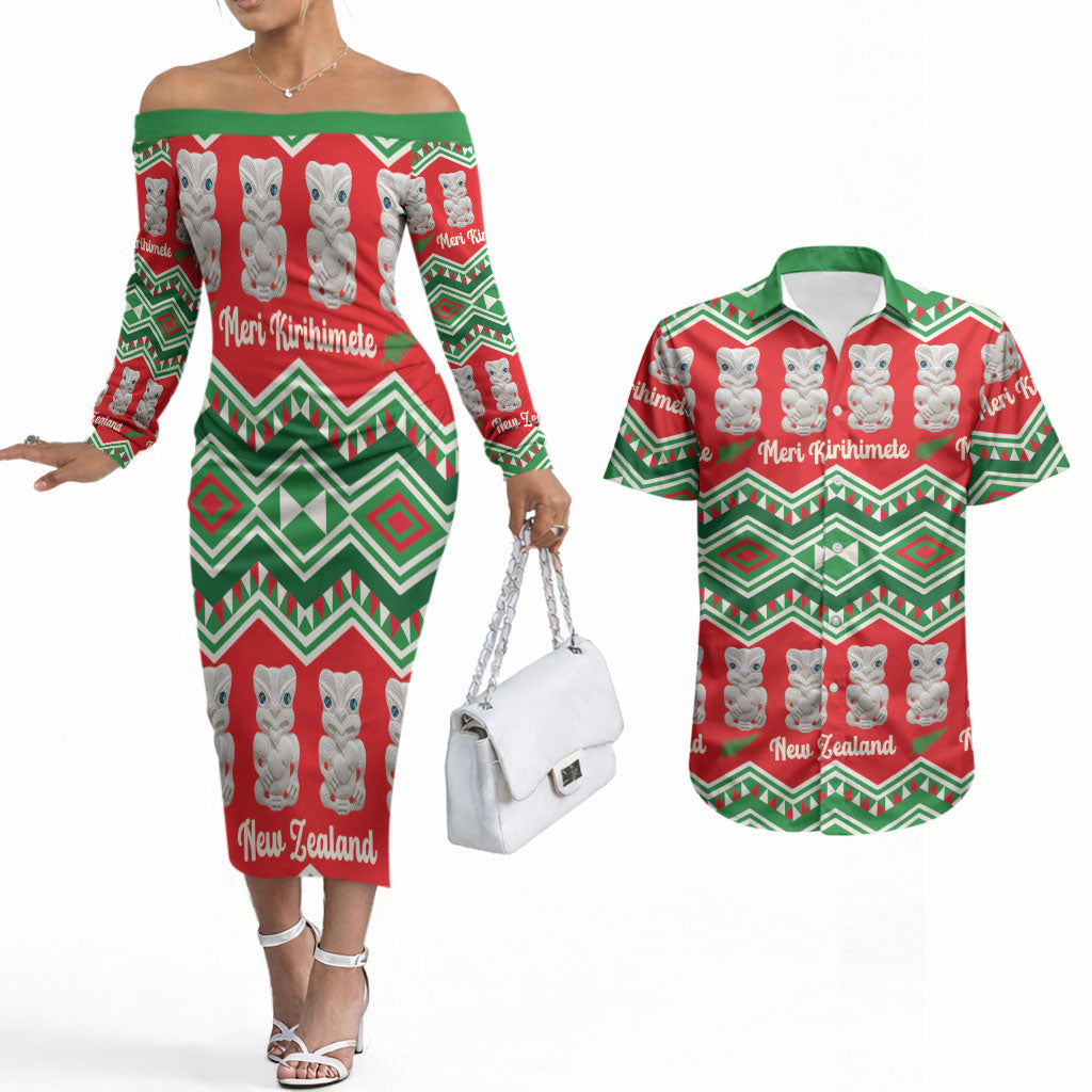 New Zealand Christmas In July Couples Matching Off The Shoulder Long Sleeve Dress and Hawaiian Shirt Meri Kirihimete Hei Tiki Taniko Motifs Seamless LT14 Red - Polynesian Pride