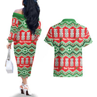 New Zealand Christmas In July Couples Matching Off The Shoulder Long Sleeve Dress and Hawaiian Shirt Meri Kirihimete Hei Tiki Taniko Motifs Seamless