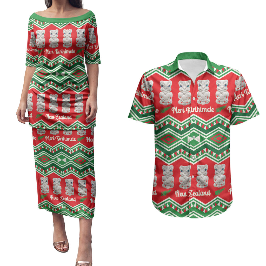 New Zealand Christmas In July Couples Matching Puletasi and Hawaiian Shirt Meri Kirihimete Hei Tiki Taniko Motifs Seamless LT14 Red - Polynesian Pride