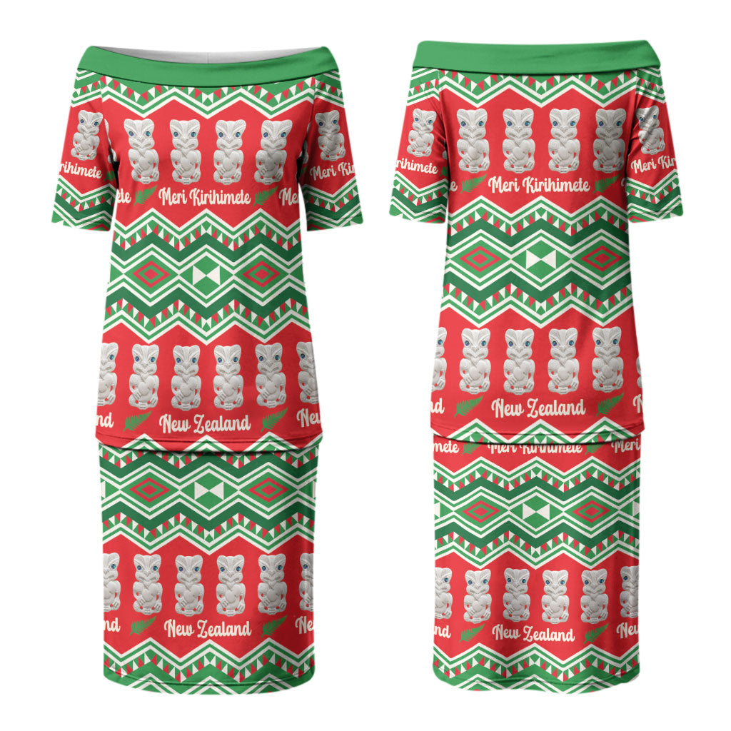New Zealand Christmas In July Couples Matching Puletasi and Hawaiian Shirt Meri Kirihimete Hei Tiki Taniko Motifs Seamless LT14 - Polynesian Pride