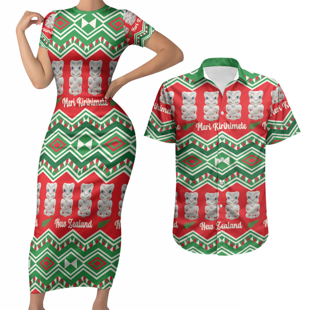 New Zealand Christmas In July Couples Matching Short Sleeve Bodycon Dress and Hawaiian Shirt Meri Kirihimete Hei Tiki Taniko Motifs Seamless LT14 Red - Polynesian Pride