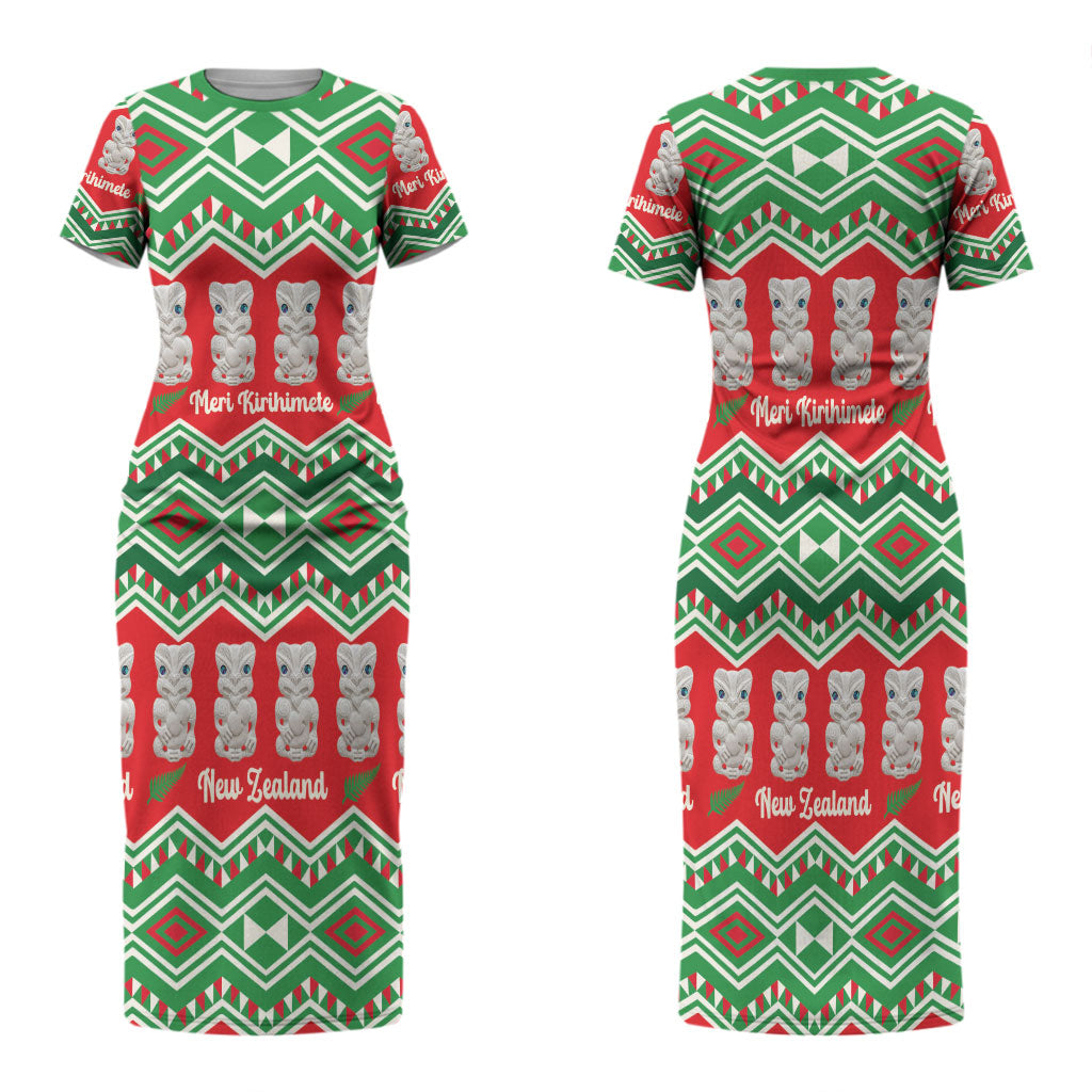 New Zealand Christmas In July Couples Matching Short Sleeve Bodycon Dress and Hawaiian Shirt Meri Kirihimete Hei Tiki Taniko Motifs Seamless LT14 - Polynesian Pride