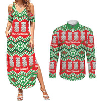 New Zealand Christmas In July Couples Matching Summer Maxi Dress and Long Sleeve Button Shirt Meri Kirihimete Hei Tiki Taniko Motifs Seamless