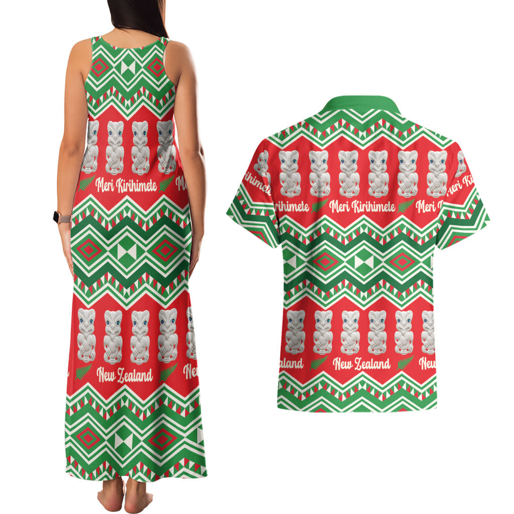 New Zealand Christmas In July Couples Matching Tank Maxi Dress and Hawaiian Shirt Meri Kirihimete Hei Tiki Taniko Motifs Seamless