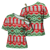 New Zealand Christmas In July Cross Shoulder Shirt Meri Kirihimete Hei Tiki Taniko Motifs Seamless