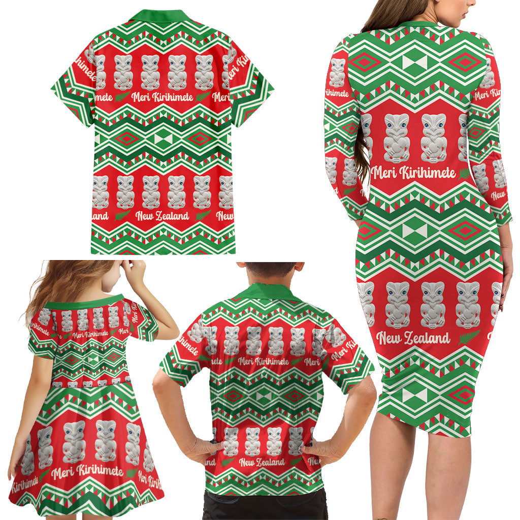 New Zealand Christmas In July Family Matching Long Sleeve Bodycon Dress and Hawaiian Shirt Meri Kirihimete Hei Tiki Taniko Motifs Seamless